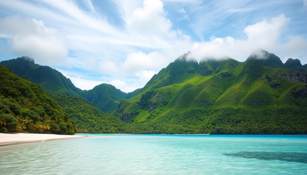 A lush, tropical landscape unfolds as the viewer explores the unique and untamed terrain of New Caledonia. In the foreground, a pristine white sand beach gives way to crystal-clear turquoise waters, inviting the adventurer to venture forth. The middle ground features verdant, jagged peaks rising majestically, their rugged slopes blanketed in a tapestry of vibrant greens, from the deep emerald of the rainforest canopy to the lighter hues of the diverse flora. Wispy clouds drift overhead, casting a soft, diffused light across the scene, creating an atmosphere of tranquility and wonder. In the distance, the horizon melts into a hazy blue, hinting at the vast expanse of the Pacific Ocean and the promise of more undiscovered wonders waiting to be explored.