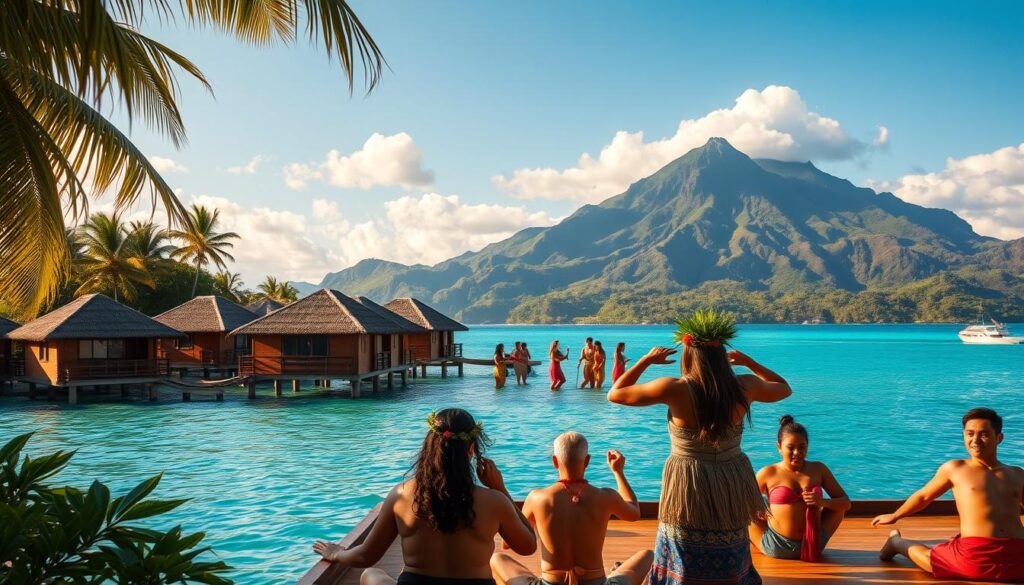 A lush tropical paradise in the South Pacific, French Polynesia showcases a breathtaking array of activities. In the foreground, vibrant overwater bungalows dot turquoise lagoons, inviting travelers to relax and soak up the sun. In the middle ground, locals engage in traditional Tahitian dance performances, their colorful costumes swaying to the rhythm of drums. In the distance, majestic volcanic peaks rise, their lush, verdant slopes begging to be explored on hiking trails. The scene is bathed in warm, golden light, capturing the laid-back, idyllic essence of this South Seas destination. A sense of adventure and cultural immersion permeates the air, promising an unforgettable experience for those who visit.