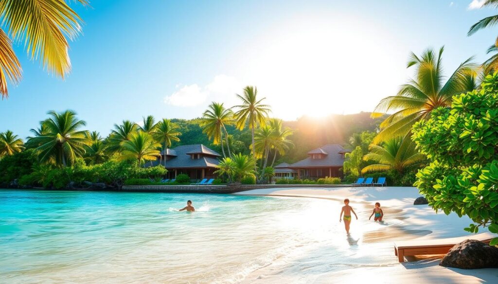 A lush, tropical paradise nestled in the South Pacific, a family-friendly Fijian resort stands serene and inviting. In the foreground, a turquoise lagoon laps at the white sandy beach, where children playfully splash in the warm waters. Swaying palm trees and vibrant foliage frame the scene, creating a picturesque backdrop. In the middle ground, thatched-roof bungalows and family-friendly amenities blend seamlessly with the natural surroundings, exuding a sense of tranquility and relaxation. The warm, golden light of the sun filters through the lush greenery, casting a warm glow over the entire resort. The overall atmosphere evokes a feeling of carefree, island-style living, perfect for an unforgettable Fijian family vacation.