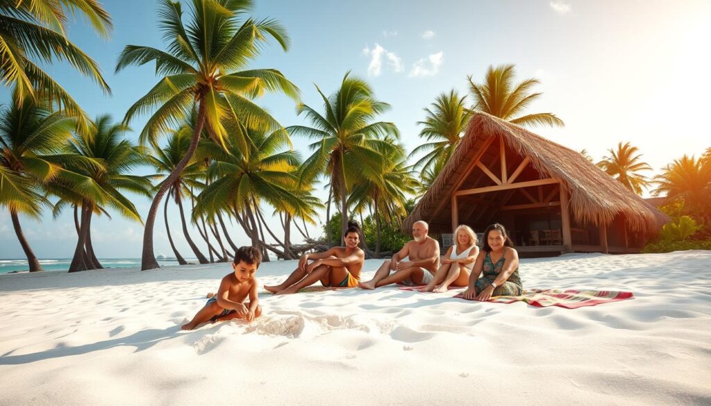 A lush, tropical paradise on the shores of the South Pacific. A Fijian family gathers on a pristine, white-sand beach, surrounded by swaying palm trees and crystal-clear, turquoise waters. In the foreground, a young child builds a sandcastle, their laughter echoing across the serene landscape. In the middle ground, parents and grandparents relax on colorful beach towels, soaking in the warm, golden sunlight. In the background, a traditional Fijian bure, with its thatched roof and wooden beams, stands as a testament to the island's rich cultural heritage. The scene exudes a sense of tranquility, joy, and the timeless beauty of a family-friendly Fijian vacation.
