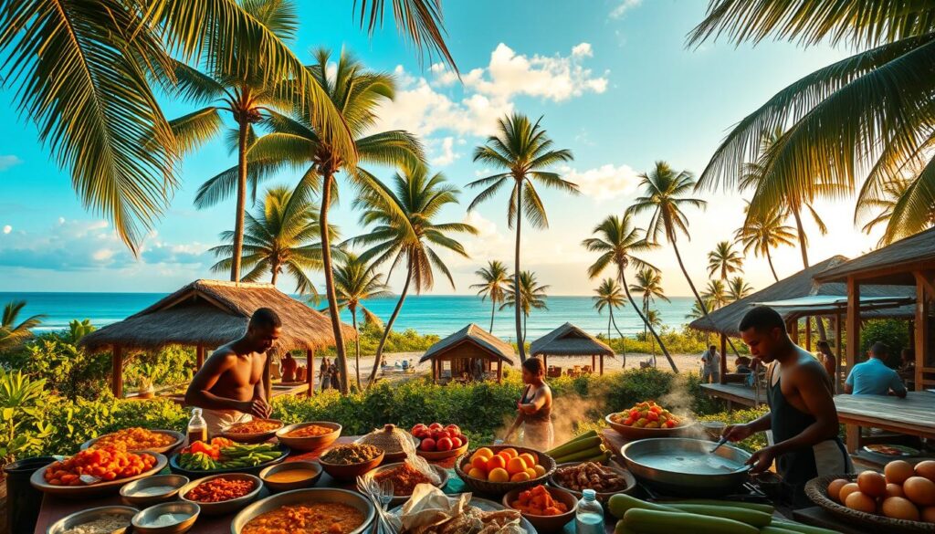 A lush tropical paradise unfolds, where the azure waters of the South Pacific meet the verdant shores of Fiji. In the foreground, a vibrant market scene bustles with local delicacies - fragrant curries, freshly caught seafood, and an array of exotic fruits. Amid the vibrant displays, the silhouettes of local chefs skillfully prepare traditional Fijian dishes, their hands moving with practiced precision. In the middle ground, thatched-roof bures (traditional huts) dot the landscape, their inviting silhouettes hinting at the culinary adventures that await within. In the distance, palm trees sway gently in the warm breeze, casting dappled shadows over the scene. Soft, golden-hour lighting imbues the entire setting with a dreamlike quality, capturing the essence of the "south pacific travel blog" experience.