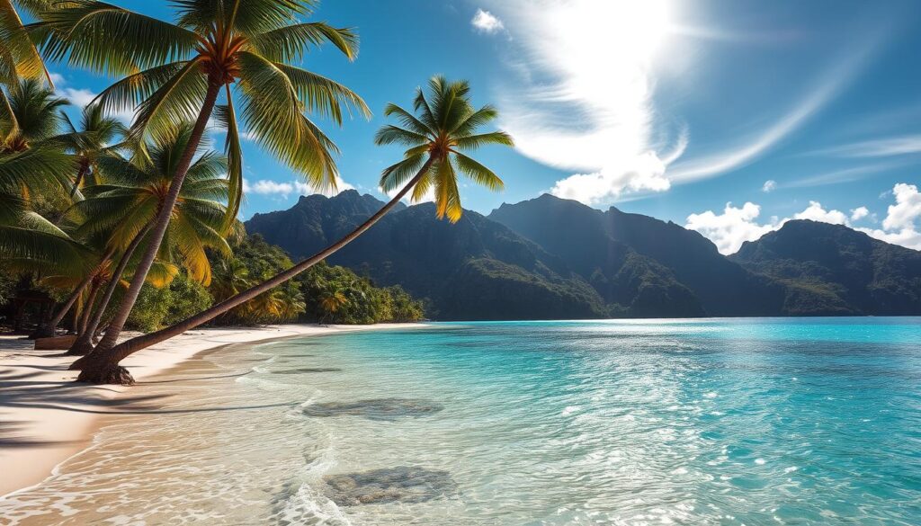 A lush, tropical paradise with crystal-clear turquoise waters lapping gently against the pristine, white sandy shores of Emily Bay. Towering palm trees sway in the gentle breeze, casting dappled shadows across the idyllic landscape. In the distance, majestic cliffs rise up, their rugged, weathered faces a stunning contrast to the serene tranquility of the bay. The sun filters through wispy clouds, casting a warm, golden glow over the scene, illuminating the vibrant, verdant foliage that surrounds the bay. A sense of timeless, unspoiled beauty pervades the air, inviting the viewer to lose themselves in the tranquil, picturesque splendor of this South Pacific gem.