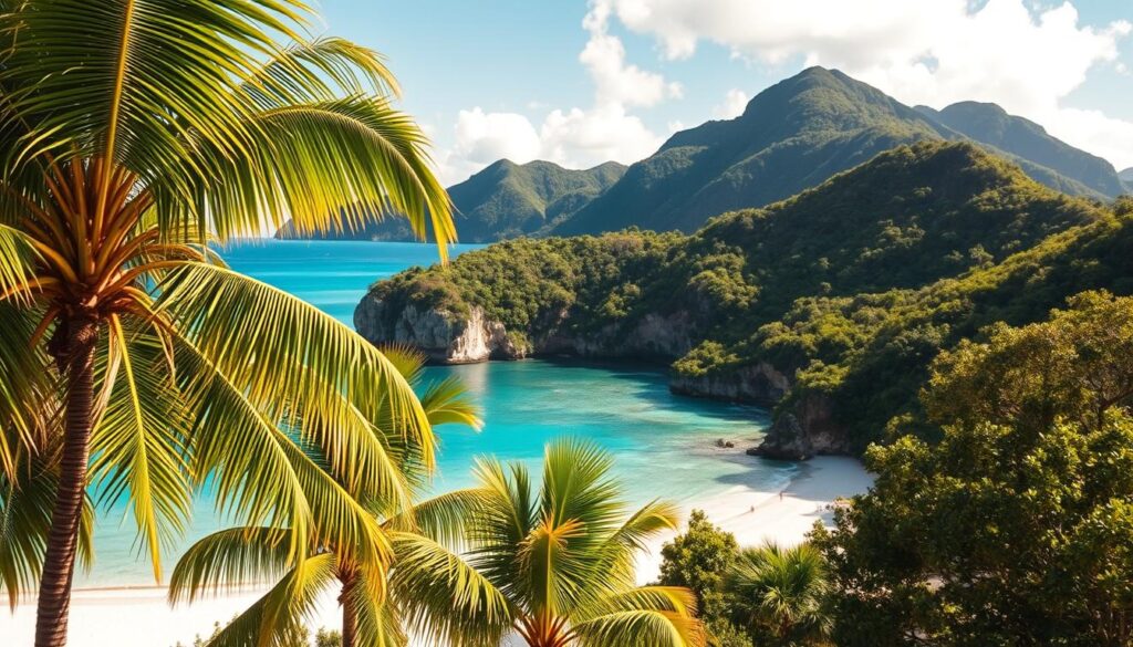 A lush, tropical paradise with pristine turquoise waters lapping against white sandy beaches. In the foreground, palm trees sway gently in the warm breeze, their fronds casting dappled shadows on the ground. The middle ground features a stunning cove, sheltered by towering cliffs draped in lush vegetation. In the background, verdant hills rise up, blanketed in a tapestry of vibrant greens. The scene is bathed in warm, golden sunlight, creating a serene and inviting atmosphere. Capture the untouched, unspoiled beauty of the Solomon Islands' best beaches.