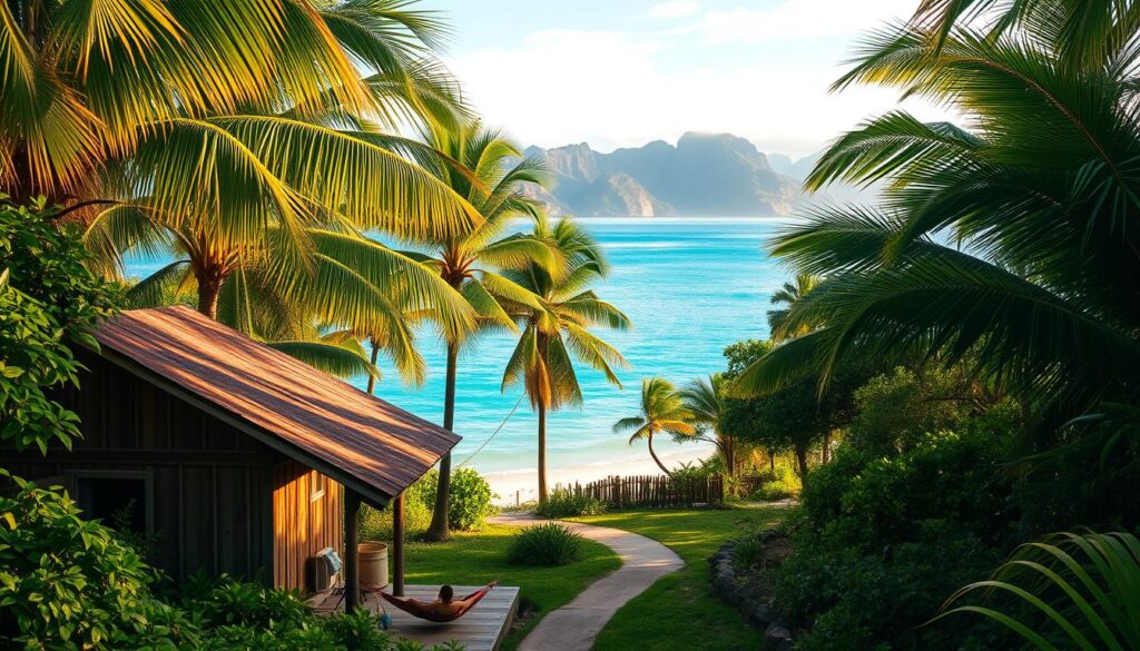 A lush, tropical paradise with swaying palm trees and crystalline turquoise waters. In the foreground, a modest, yet charming bungalow with thatched roofing and weathered wood paneling, nestled amidst lush foliage. The middle ground features a path winding through verdant vegetation, leading to a secluded beach where a few travelers lounge in hammocks, soaking in the warm, golden sunlight. In the distance, a breathtaking panorama of rugged volcanic mountains, their peaks shrouded in wispy clouds. The scene is bathed in a soft, dreamy lighting, creating a serene, laid-back atmosphere that captures the essence of budget-friendly South Pacific travel.