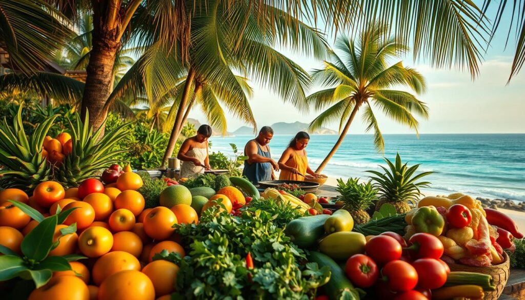A lush tropical setting in Vanuatu, showcasing the vibrant gastronomy of the islands. In the foreground, a vibrant display of local produce - ripe tropical fruits, freshly harvested vegetables, and fragrant herbs. In the middle ground, a group of locals preparing traditional Vanuatu dishes, expertly wielding knives and expertly blending spices. The background reveals a stunning coastal vista, with swaying palm trees, turquoise waters, and a hazy, golden-hour sky. The lighting is warm and inviting, casting a soft, natural glow over the scene. The overall atmosphere evokes a sense of authentic, rustic charm and a celebration of Vanuatu's rich culinary heritage.