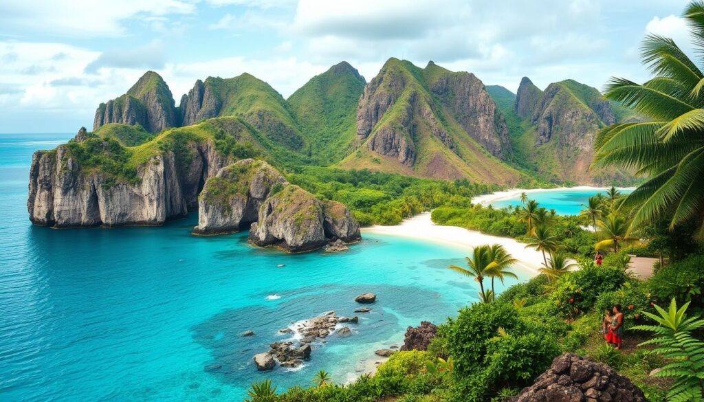 A lush, verdant island paradise emerges from the crystal-clear turquoise waters of the South Pacific. Jagged limestone cliffs, sculpted by wind and waves, rise majestically from the shore, their rugged beauty contrasted by tranquil hidden coves and pristine white-sand beaches. Swaying palm trees and vibrant tropical flora adorn the landscape, while local Niuean people engage in traditional activities, their warm hospitality and unique cultural practices evoking a sense of timeless serenity. Soft, diffused natural lighting bathes the scene, creating a serene and captivating atmosphere that perfectly encapsulates the hidden charm and untouched wonder of this remarkable Pacific island destination.