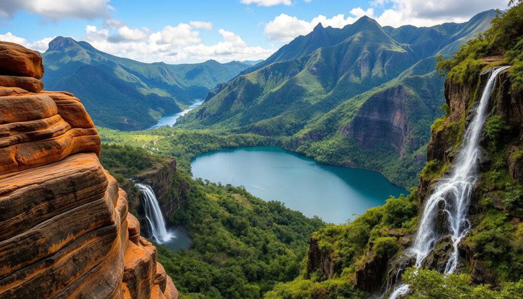 A lush, verdant landscape dotted with towering volcanic peaks, their slopes crisscrossed by winding trails. In the foreground, a rugged, weathered rock formation, its layers and textures revealed by the warm, golden light of the sun. Cascading waterfalls tumble over ancient, moss-covered cliffs, their flowing waters glimmering like liquid silver. In the middle ground, a tranquil, crystal-clear lake reflects the majestic mountains and lush, jungle-like foliage surrounding it. The overall scene exudes a sense of primal, untamed beauty, capturing the unique and captivating geology of the Vanuatu archipelago.