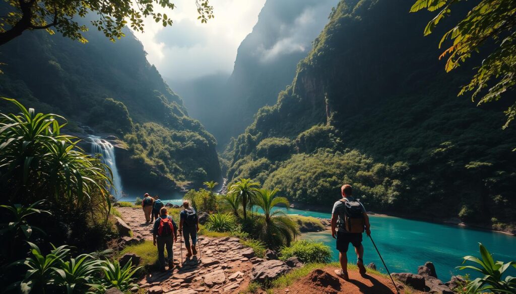 A lush, verdant landscape of Vanuatu's unspoiled wilderness, where hidden waterfalls cascade into crystal-clear pools, surrounded by towering, mist-shrouded peaks. In the foreground, adventurous hikers navigate a rugged, winding trail, their gear and equipment suggesting a journey into the unknown. Dappled sunlight filters through the canopy, casting a warm, golden glow over the scene. The composition emphasizes the sense of exploration and discovery, inviting the viewer to uncover the secrets of this enchanting, off-the-beaten-path destination.