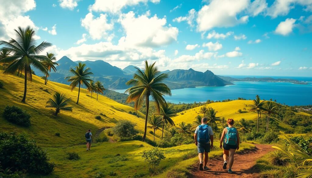 A lush, verdant landscape of rolling hills and winding trails, bathed in warm, golden sunlight. In the foreground, a group of backpackers navigates a rugged path, their packs laden with supplies. Towering palm trees sway gently in the breeze, casting dancing shadows across the scene. In the distance, a tranquil blue lagoon reflects the azure sky, inviting exploration. Rugged, volcanic peaks rise majestically on the horizon, their slopes draped in a tapestry of tropical vegetation. The atmosphere is one of adventure, serenity, and the promise of discovery, perfectly capturing the essence of budget backpacking in the South Pacific.