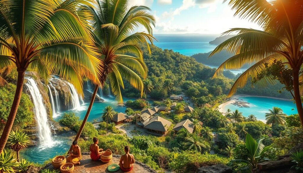 A lush, verdant landscape of the Solomon Islands, with towering palm trees and crystalline waterfalls cascading into tranquil pools. In the foreground, a group of locals engage in traditional crafts, their vibrant woven baskets and intricate wood carvings on display. The middle ground reveals a picturesque village, its thatched-roof huts nestled amidst a patchwork of verdant gardens and fruit-laden trees. In the distance, the azure waters of the South Pacific shimmer, inviting explorers to discover the untouched beaches and hidden coves that dot the archipelago. Warm, golden sunlight filters through the canopy, casting a serene, timeless atmosphere over the scene.