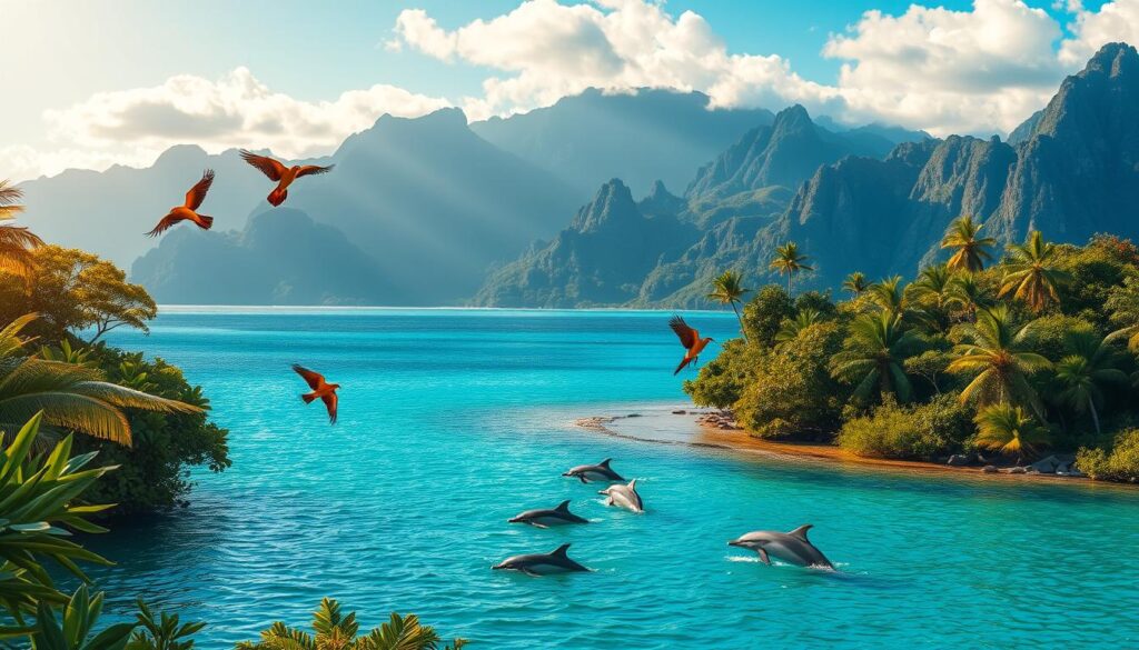 A lush, verdant landscape of tropical foliage and crystalline waters, bathed in warm, golden sunlight. In the foreground, a group of exotic birds soar gracefully, their vibrant plumage shimmering against the azure sky. In the middle ground, a pod of playful dolphins frolic in a secluded cove, their sleek bodies breaking the surface of the gently lapping waves. In the distance, towering mountains rise, their peaks shrouded in a delicate mist, creating a serene and awe-inspiring backdrop. The scene conveys a sense of unspoiled natural wonder and the immersive, tranquil atmosphere of a premier wildlife sanctuary in the South Pacific.
