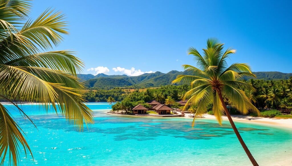 A lush, verdant landscape under a bright, azure sky. In the foreground, swaying palm trees cast gentle shadows on the pristine, white-sand beaches. The crystalline waters of the South Pacific shimmer in the warm, golden sunlight, inviting visitors to dive in and explore the vibrant coral reefs teeming with colorful marine life. In the middle ground, traditional Fijian bures, with their distinctive thatched roofs, nestle amidst the tropical foliage, creating a serene and idyllic scene. The background is dominated by rolling, verdant hills and the distant, hazy silhouettes of volcanic mountains, completing the picture of Fiji's stunning natural beauty and agreeable, tropical climate.