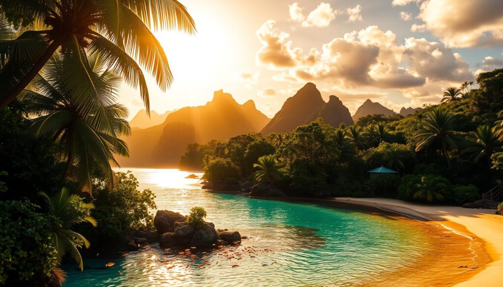 A lush, verdant rainforest canopy shimmers under the warm glow of a golden sunset. Towering palm trees sway gently, their fronds casting flickering shadows across a crystal-clear turquoise lagoon. In the foreground, a pristine white-sand beach curves around a secluded cove, untouched by human presence. Vibrant schools of tropical fish dart through the shallows, while in the distance, rugged volcanic peaks rise up, silhouetted against the fading light. This unspoiled paradise exudes a sense of tranquility and timelessness, inviting the viewer to immerse themselves in the breathtaking natural beauty and feel a deep connection to the untamed essence of this untouched island oasis.