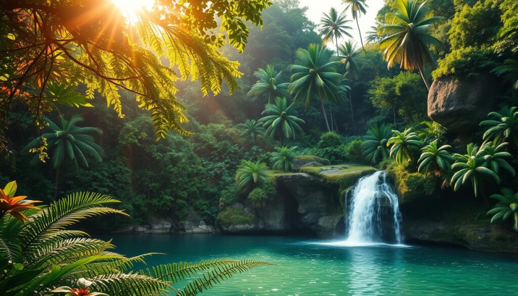 A lush, verdant rainforest in Fiji, with a cascading waterfall tumbling into a tranquil pool. Sunlight filters through the dense canopy, casting a warm, golden glow. In the foreground, vibrant tropical foliage and ferns frame the scene, while in the middle ground, the waterfall's misty spray creates a mesmerizing, ethereal atmosphere. In the background, towering palm trees and ancient, moss-covered boulders suggest a hidden, untouched paradise. Shoot with a wide-angle lens to capture the grandeur of the landscape, and use natural lighting to enhance the rich, saturated colors. Convey a sense of serene, untamed beauty, befitting the "south pacific travel blog" destination.
