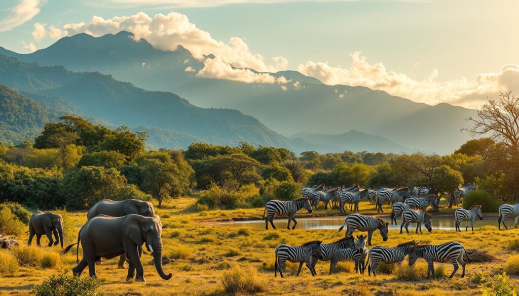 A lush, verdant wildlife sanctuary teeming with diverse flora and fauna. In the foreground, a family of elephants grazes peacefully, their movements graceful and unhurried. In the middle ground, a herd of zebras drink from a tranquil watering hole, their black and white stripes creating a mesmerizing pattern. In the background, towering mountains rise, their peaks shrouded in wispy clouds, creating an awe-inspiring natural backdrop. The scene is bathed in warm, golden light, casting a serene, almost magical atmosphere. A wide-angle lens captures the expansive, picturesque landscape, inviting the viewer to immerse themselves in the beauty and serenity of this protected natural wonder.