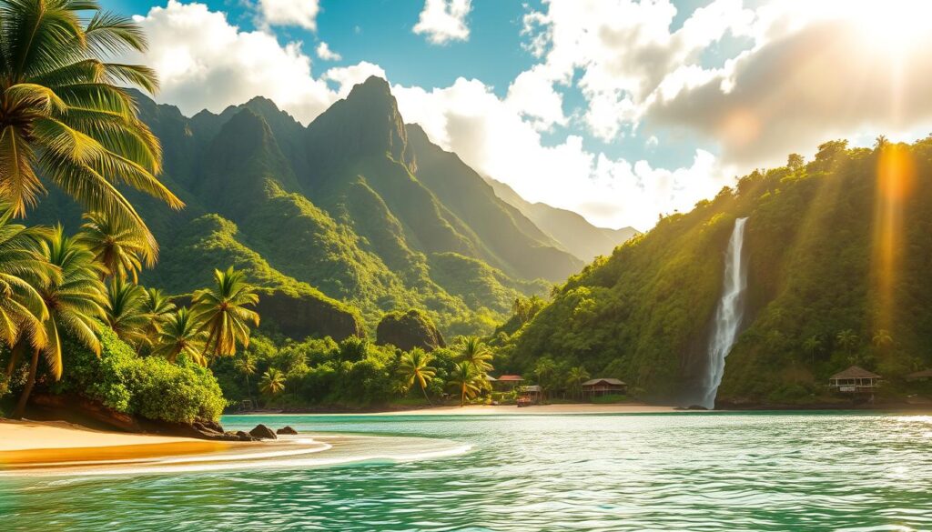 A lush, vibrant landscape of Samoa's diverse natural wonders. In the foreground, a tranquil ocean laps against pristine white sand beaches, flanked by swaying palm trees. In the middle ground, rugged volcanic mountains rise majestically, their peaks shrouded in wisps of cloud. Cascading waterfalls tumble down verdant, jungle-clad slopes, leading the eye towards a picturesque village nestled in the distance. The scene is bathed in warm, golden sunlight, creating a serene, postcard-worthy atmosphere. Subtle lens flare and a shallow depth of field add a sense of cinematic drama to this idyllic 7-day Samoan adventure.