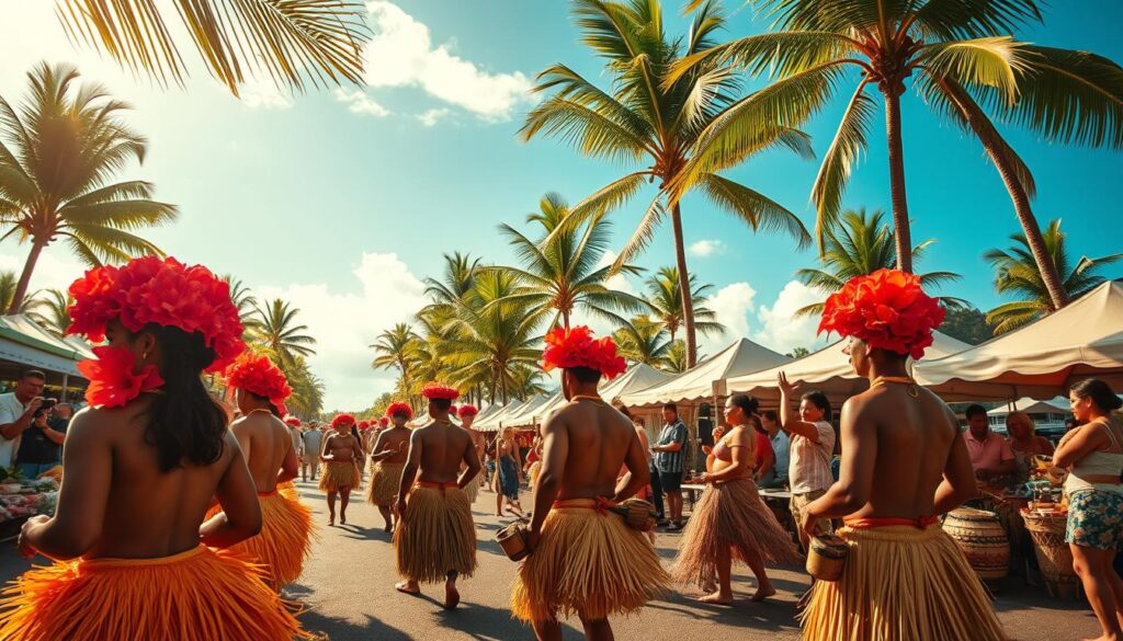 A lush, vibrant scene of the Fiji Hibiscus Festival unfolds. In the foreground, a captivating parade of performers adorned in vibrant, intricately woven hibiscus flower crowns and grass skirts sway to the rhythm of traditional Fijian drums and chants. The middle ground showcases a bustling marketplace, with local artisans and vendors offering an array of handcrafted Fijian goods, from woven baskets to fragrant tropical blooms. In the background, a stunning backdrop of swaying palm trees and azure skies sets the tropical, celebratory mood. Warm, golden natural lighting bathes the entire scene, creating a sense of warmth and joy. The composition captures the energy, culture, and natural beauty that make the Fiji Hibiscus Festival a truly immersive and unforgettable experience.