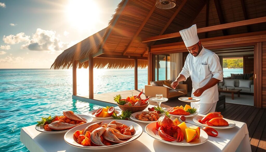 A luxurious overwater bungalow bathed in warm, golden sunlight. In the foreground, a table adorned with a sumptuous seafood feast - fresh-caught fish, succulent lobster, and vibrant tropical fruits. A skilled chef, in crisp white uniform, plates the dishes with artful precision. The middle ground reveals a private outdoor deck with plush seating, offering unobstructed views of the crystal-clear turquoise waters and lush, verdant shoreline. In the background, the bungalow's thatched roof and wooden structure seamlessly blend with the serene, island paradise setting. A sense of tranquility and indulgence permeates the scene, capturing the essence of an authentic culinary experience in a luxury overwater resort.