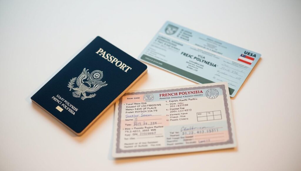 A neatly arranged composition showcasing a U.S. passport alongside a French Polynesia visa. The passport lies open, displaying its intricate cover design and personal information pages, exuding a sense of global travel. The visa is presented adjacent, its official stamps and endorsements conveying the authorization to visit the exotic South Pacific destination. Soft, diffused lighting casts a warm, documentary-style glow, emphasizing the travel documents' tactile details. The scene is set against a subtly blurred background, keeping the focus on the key elements that enable a seamless journey to French Polynesia for American citizens.
