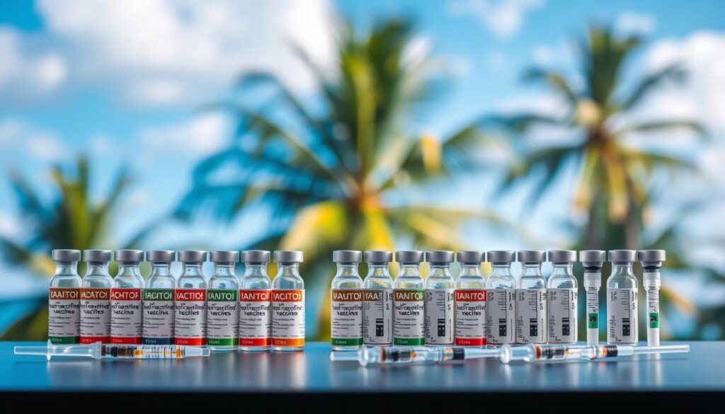 A neatly organized table displaying an assortment of travel vaccination vials and syringes, set against a blurred tropical backdrop of lush palm trees and a vibrant blue sky. The vials are labeled with the names of common South Pacific travel vaccines such as typhoid, hepatitis, and yellow fever. The table is illuminated by soft, diffused natural lighting, creating a sense of clinical cleanliness and medical preparedness. The composition emphasizes the importance of getting the necessary vaccinations before embarking on a South Pacific adventure, conveying a tone of informed responsibility and travel readiness.