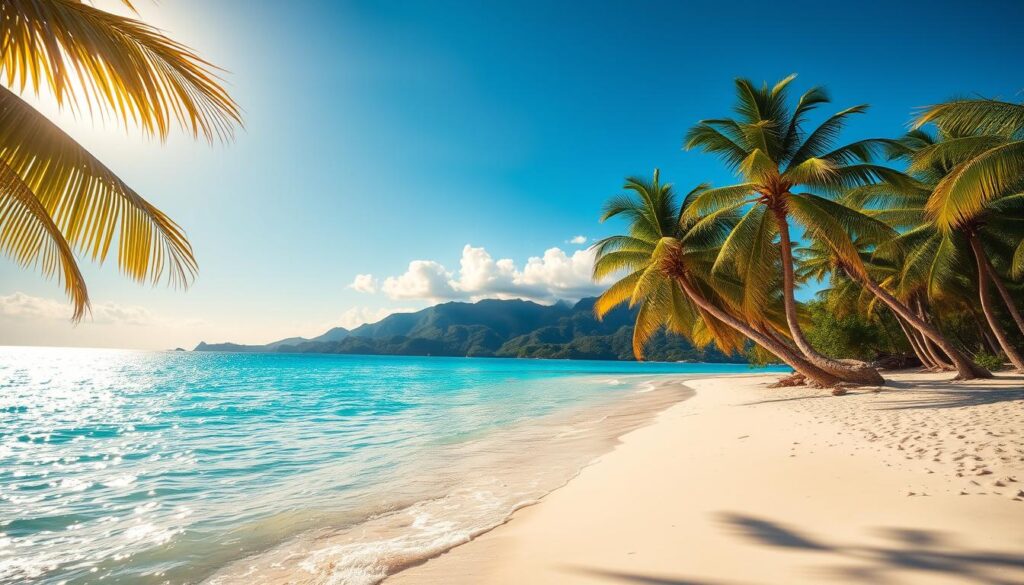 A pristine tropical beach in Kiribati, with turquoise waters lapping against the soft, white sand. Palm trees sway gently in the warm breeze, casting dappled shadows across the tranquil scene. In the distance, a line of lush, verdant hills rise up, framing the idyllic landscape. The sun hangs low in the sky, its golden rays illuminating the scene with a warm, inviting glow. A few fluffy clouds drift overhead, adding to the sense of serenity and peace. The overall atmosphere is one of pure relaxation and escapism, transporting the viewer to a true island paradise.