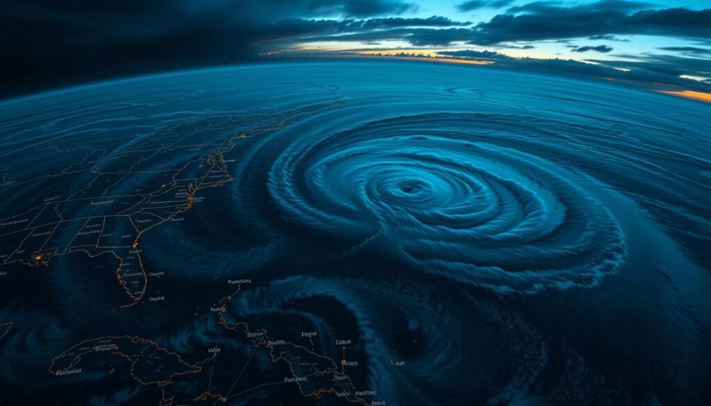 A satellite image of the South Pacific, swirling with a powerful cyclone system. In the foreground, a detailed weather map overlays the region, with isobars, wind arrows, and color-coded storm cells. The middle ground depicts the cyclone's spiral bands of thunderstorms, backlit by a dramatic twilight sky. In the background, the vast expanse of the ocean stretches out, dotted with tiny islands bracing for the approaching storm. The lighting is natural and cinematic, conveying the scale and intensity of the cyclone. The overall tone is one of both awe and foreboding, reflecting the unpredictable and potentially destructive nature of these seasonal weather events.