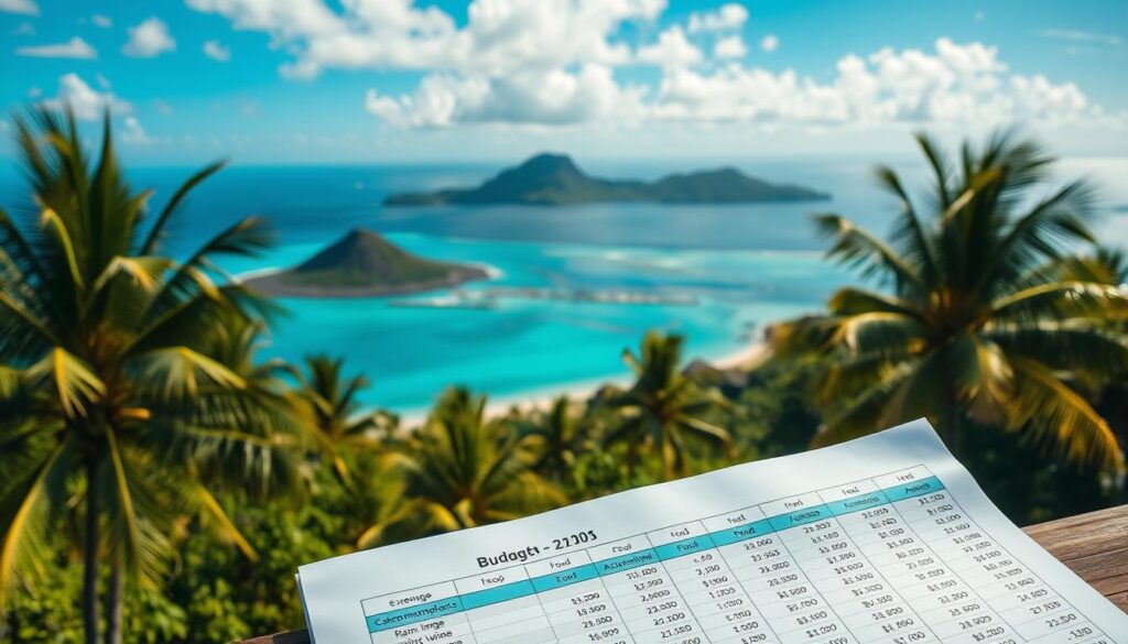 A scenic overhead view of a budgeting worksheet set against the lush, tropical landscapes of Rarotonga and Aitutaki. In the foreground, a spreadsheet displays expense categories like accommodation, food, activities, and transportation, with neatly organized numbers and calculations. The middle ground features iconic landmarks of the two Cook Islands - the mountainous silhouette of Rarotonga's Mount Raemaru and the turquoise lagoons of Aitutaki. The background is filled with swaying palm trees, azure skies, and the shimmering ocean. The scene conveys a sense of careful planning and budgeting amidst the natural beauty of these idyllic Pacific destinations.