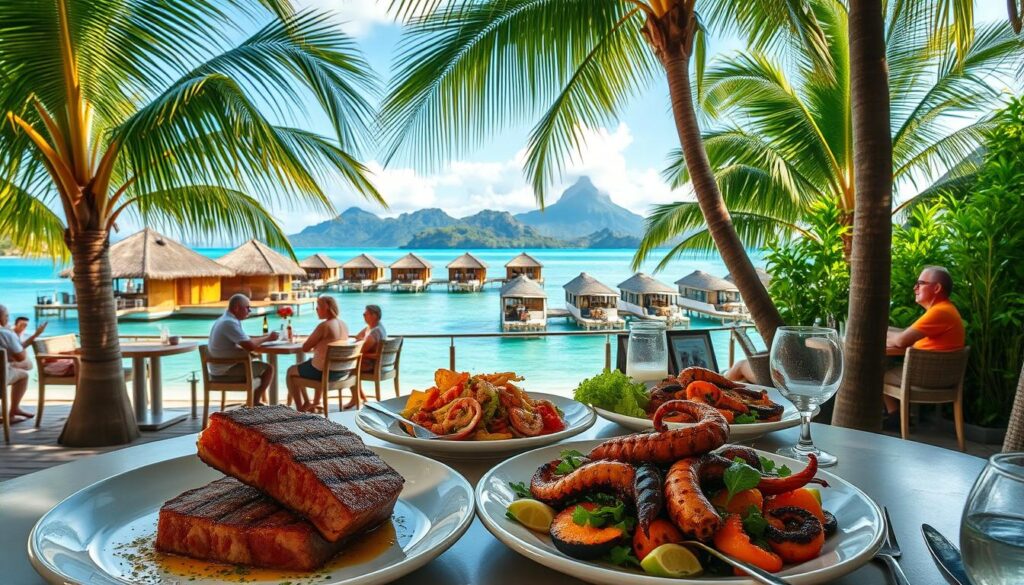A seaside restaurant nestled amidst swaying palm trees, with a stunning view of the turquoise lagoon and distant volcanic peaks. In the foreground, a selection of the freshest seafood dishes - seared ahi tuna, grilled octopus, and a vibrant seafood salad. The middle ground features friendly locals and visitors dining al fresco, enjoying the warm island breeze. The background showcases the iconic overwater bungalows and lush, verdant foliage characteristic of Tahiti's natural beauty. Soft, natural lighting illuminates the scene, creating a tranquil, idyllic atmosphere. The overall composition evokes the essence of Tahiti's best seafood restaurants, where visitors can savor the bounty of the sea in a picturesque tropical setting.