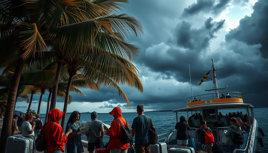 A seaside town during cyclone season, with palm trees swaying in a strong breeze. In the foreground, a group of travelers examining a map and discussing their precautions - rain ponchos, sturdy luggage, and emergency supplies. The middle ground shows people boarding a ferry, their belongings securely fastened. In the background, dark clouds loom, hinting at the approaching storm. Dramatic, moody lighting casts long shadows, conveying a sense of caution and preparedness. The scene is captured with a wide-angle lens, emphasizing the looming threat of the cyclone against the backdrop of the bustling travel hub.