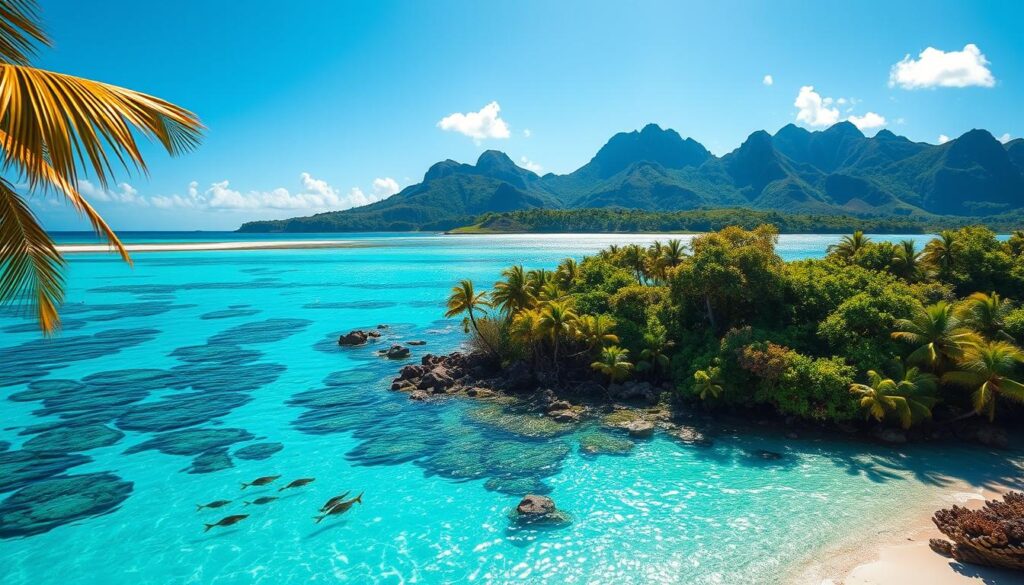 A secluded atoll in the heart of French Polynesia, Rangiroa's crystal-clear turquoise waters and lush, untouched islands beckon. In the foreground, a pristine white-sand beach fringed by swaying palm trees. Vibrant coral reefs and schools of tropical fish shimmer in the midground, illuminated by the warm, golden glow of the sun. In the distance, rugged volcanic peaks rise from the shimmering sea, their slopes blanketed in lush, verdant foliage. The scene exudes a sense of tranquility and untamed natural beauty, inviting the viewer to dive into this aquatic wonderland and explore its hidden treasures.