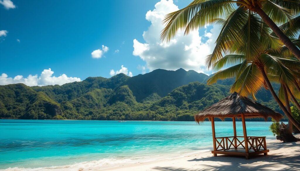 A secluded beach on a remote Fijian island, palm trees swaying gently in the south pacific breeze. Crystalline turquoise waters lap against the pristine white sand, inviting exploration. In the background, lush, verdant hills rise up, cloaked in a tapestry of tropical foliage. A small wooden bure hut stands in the foreground, casting soft shadows. Warm, golden sunlight filters through fluffy white clouds, creating a tranquil, idyllic scene. Capture the essence of Fiji's hidden gems for the south pacific travel blog.