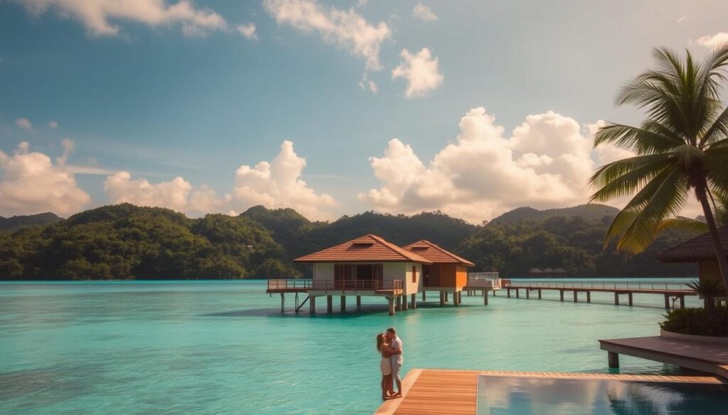 A secluded, overwater bungalow in a pristine, turquoise lagoon, surrounded by swaying palm trees and a lush, verdant jungle landscape. Warm, golden sunlight filters through the clouds, casting a romantic glow across the scene. In the foreground, a couple embraces on a private terrace, gazing out at the breathtaking view. The architecture blends seamlessly with the natural environment, creating a sense of tranquility and luxury. The image evokes a feeling of escape, a perfect honeymoon destination where couples can bask in the beauty of a tropical paradise.