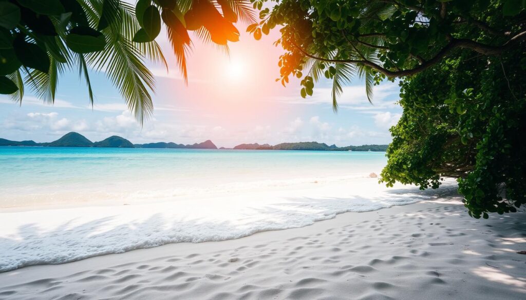 A secluded tropical beach with pristine white sand, swaying palm trees, and crystal-clear turquoise waters. In the foreground, gentle waves lap against the shore, leaving a delicate lace-like pattern in the sand. Lush, verdant foliage frames the scene, creating a sense of seclusion and tranquility. Overhead, a warm, golden sun casts a soft, diffused light, illuminating the natural beauty of the untouched landscape. The horizon is dotted with lush, verdant islands, hinting at the unspoiled wonders that lie beyond. An atmosphere of serene, untamed beauty, inviting the viewer to step into this unspoiled paradise and immerse themselves in the natural splendor of Samoa.