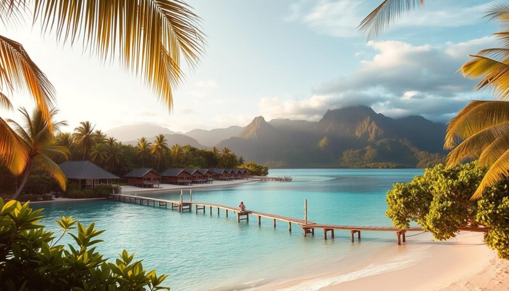 A secluded tropical paradise on the lush, verdant island of Huahine in French Polynesia. Pristine white-sand beaches fringe crystal-clear turquoise waters, with swaying palm trees and vibrant foliage in the foreground. In the middle ground, traditional thatched-roof bungalows and wooden docks dot the shoreline, blending seamlessly with the natural landscape. The background features dramatic volcanic mountains shrouded in mist, creating an atmosphere of serene, untouched beauty. Soft, warm lighting filters through the scene, evoking a sense of tranquility and seclusion, away from the rest of the world.