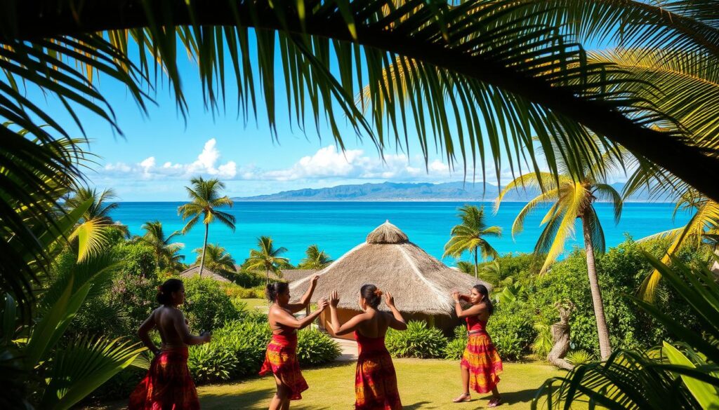 A serene Fijian village nestled amidst lush, verdant foliage. In the foreground, a group of local women in vibrant, traditional dress perform a graceful, rhythmic dance, their movements accentuated by the warm, golden sunlight filtering through the palm fronds. In the middle ground, a thatched-roof bure (hut) stands as a testament to Fiji's rich architectural heritage. In the background, a stunning azure-blue ocean stretches out, with distant, cloud-capped mountains rising majestically on the horizon. The entire scene exudes a sense of tranquility and cultural immersion, capturing the essence of "south pacific travel blog".