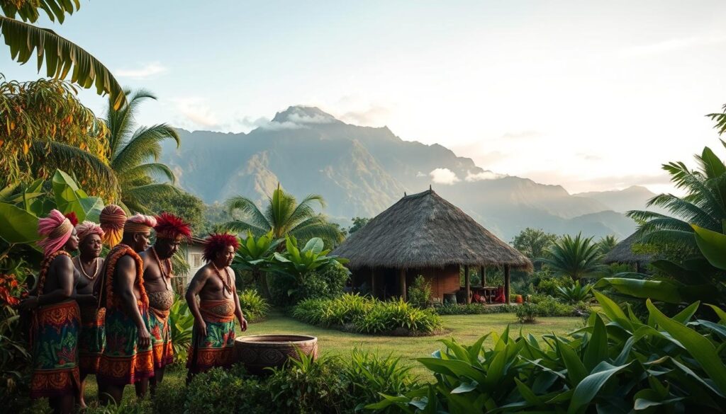 A serene Fijian village nestled amidst lush, verdant foliage. In the foreground, a group of men and women gather around a traditional Kava bowl, dressed in vibrant, intricately patterned sarongs and headdresses. The middle ground features a thatched-roof bure, its warm, earthy tones complementing the natural surroundings. In the background, a majestic mountain range rises, its peaks kissed by wispy clouds. Soft, diffused lighting casts a gentle glow, evoking a sense of timelessness and connection to the land. The scene exudes a palpable air of cultural authenticity, inviting the viewer to immerse themselves in the rich traditions of Fijian heritage.