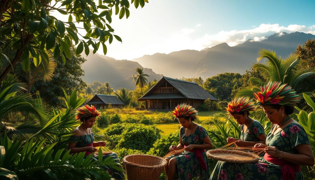 A serene Samoan village nestled amidst lush, verdant foliage. In the foreground, a group of women in traditional floral-patterned dresses and vibrant headdresses weave intricate baskets, their skilled hands moving with graceful precision. In the middle ground, a large communal fale (house) stands tall, its thatched roof and wooden beams a testament to the island's rich architectural heritage. In the background, majestic volcanic peaks rise, their rugged silhouettes casting long shadows over the scene. Warm, golden sunlight filters through the canopy, lending a soft, ethereal glow to the entire tableau. The atmosphere radiates a sense of timeless cultural tradition and a deep connection to the land.