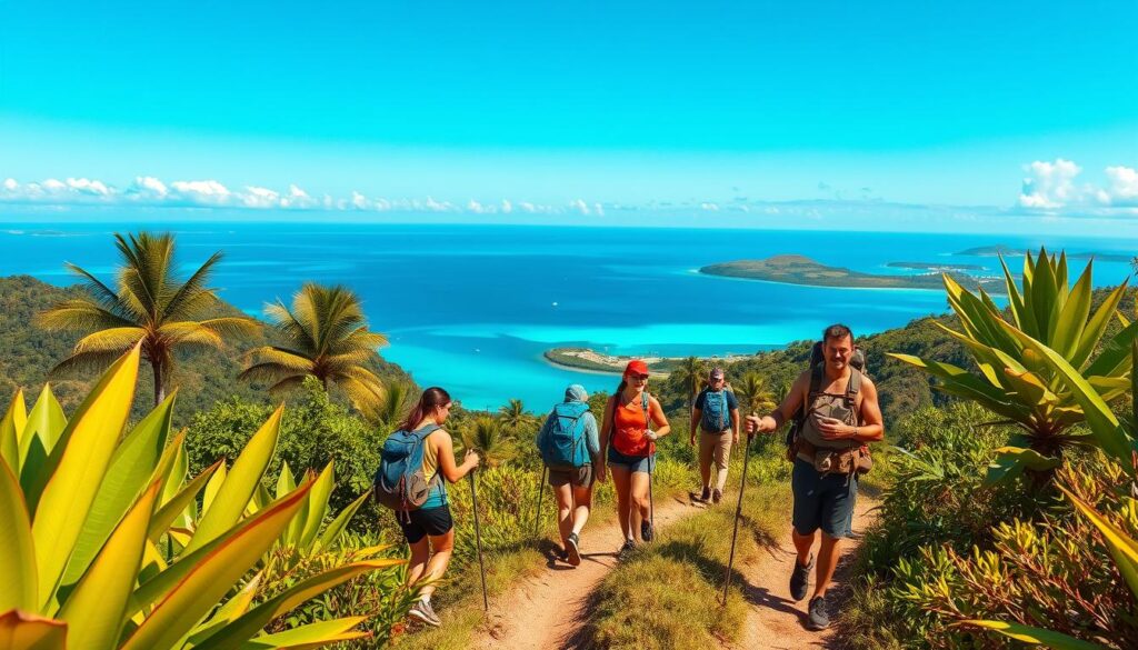 A serene South Pacific landscape, with lush tropical foliage in the foreground and a backdrop of stunning azure waters and distant islands. The scene is bathed in warm, golden sunlight, creating a sense of tranquility and adventure. In the middle ground, a group of hikers navigates a well-trodden trail, equipped with backpacks, hiking poles, and appropriate gear for the outdoors. The hikers' expressions convey a mixture of caution and excitement, reflecting the need for safety and preparedness in this natural paradise. The overall composition suggests the beauty and wonder of the South Pacific, balanced with the importance of being mindful of one's surroundings and taking necessary precautions for a safe and enjoyable outdoor experience.