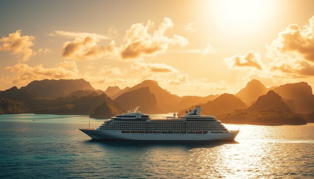 A serene South Pacific seascape, captured under the warm glow of a golden sunset. In the foreground, a luxurious cruise ship glides effortlessly across the shimmering azure waters, its sleek silhouette reflecting the vibrant hues of the sky. Surrounding the vessel, a tapestry of verdant, mountainous islands rises in the distance, their lush, tropical foliage casting gentle shadows across the tranquil lagoons. Wispy, pastel-colored clouds drift overhead, evoking a sense of peaceful solitude and the promise of adventure. The scene is bathed in a soft, cinematic light, creating a captivating and inviting atmosphere that beckons the viewer to embark on a remarkable South Pacific cruise odyssey.