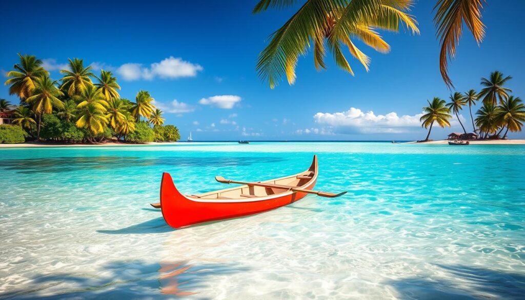 A serene beach in French Polynesia, with a small outrigger canoe gently rocking on the turquoise waters. In the background, lush green palm trees sway in the gentle breeze. The canoe is painted in vibrant hues, reflecting the colors of the island paradise. The scene is bathed in warm, golden sunlight, creating a picturesque and budget-friendly mode of transportation. The composition is balanced, with the canoe as the focal point, and the natural beauty of the surroundings complementing it. The image conveys a sense of tranquility and the simple pleasures of island life.