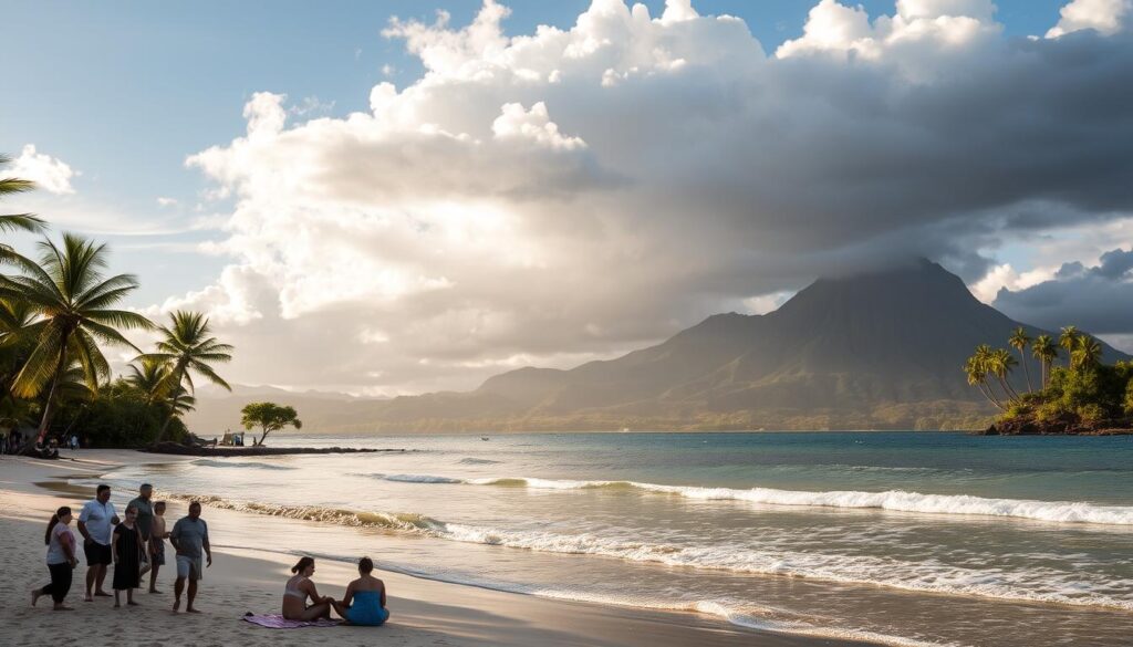 A serene beach in the South Pacific, with gently lapping waves and swaying palm trees. In the foreground, a group of locals and tourists enjoying the tranquil atmosphere, basking in the warm, golden sunlight. In the middle ground, storm clouds begin to gather on the horizon, hinting at the approaching cyclone season. The background features a majestic, volcanic landscape, shrouded in a sense of foreboding. The image conveys the best time to visit the South Pacific, when the weather is still pleasant, and the locals are welcoming, before the cyclone season arrives.