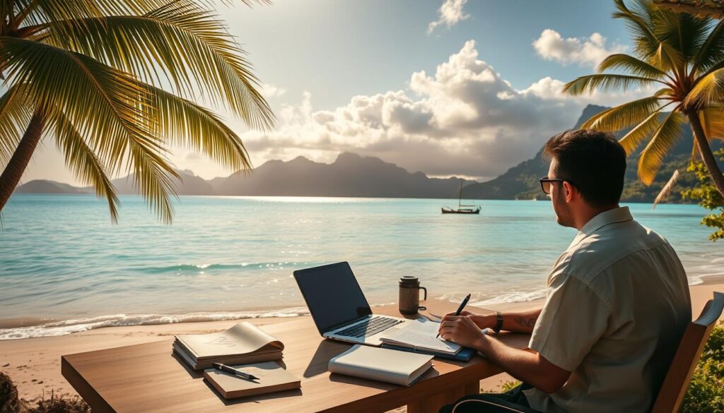 A serene coastal scene in French Polynesia, with a person sitting at a desk overlooking the turquoise waters and swaying palm trees. The foreground features a well-equipped workspace, with a laptop, books, and stationery. The middle ground showcases a picturesque beach, with gently lapping waves and a traditional Polynesian outrigger canoe in the distance. The background is dominated by a lush, verdant landscape, with towering mountains in the far distance, illuminated by warm, golden sunlight filtering through wispy clouds. The overall mood is one of tranquility and productivity, capturing the unique work-study environment of this tropical paradise.