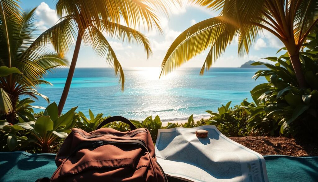 A serene island landscape in the South Pacific, with lush tropical foliage in the foreground and a tranquil azure ocean in the background. The sun casts a warm, golden glow, illuminating the scene with a sense of relaxation and adventure. In the middle ground, a backpack and a map lie open, hinting at the budgeted travel experiences and discoveries awaiting the explorer. The composition is balanced, with a focus on the essential elements that convey the costs and affordability of a South Pacific getaway.