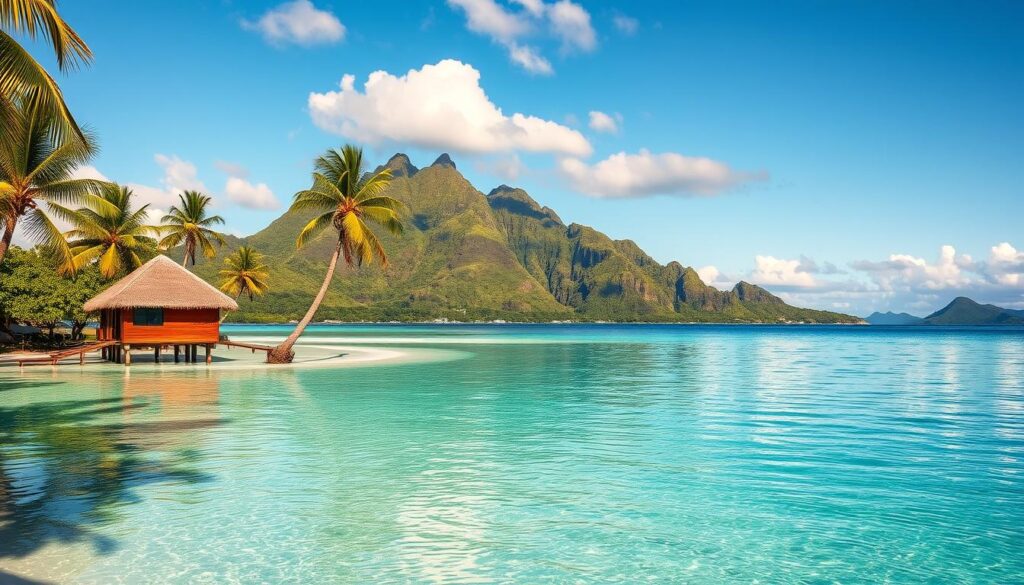 A serene island paradise in the heart of French Polynesia, with swaying palm trees, turquoise lagoons, and pristine white-sand beaches. In the foreground, a traditional overwater bungalow with thatched roofs reflects in the calm, crystal-clear waters. In the middle ground, lush, verdant mountains rise up, their slopes cloaked in tropical foliage. In the background, a breathtaking panorama of other idyllic islands dotting the horizon, bathed in the warm, golden glow of the sun. The scene evokes a sense of tranquility, relaxation, and the allure of unspoiled natural beauty that defines the must-visit islands of this enchanting South Pacific archipelago.