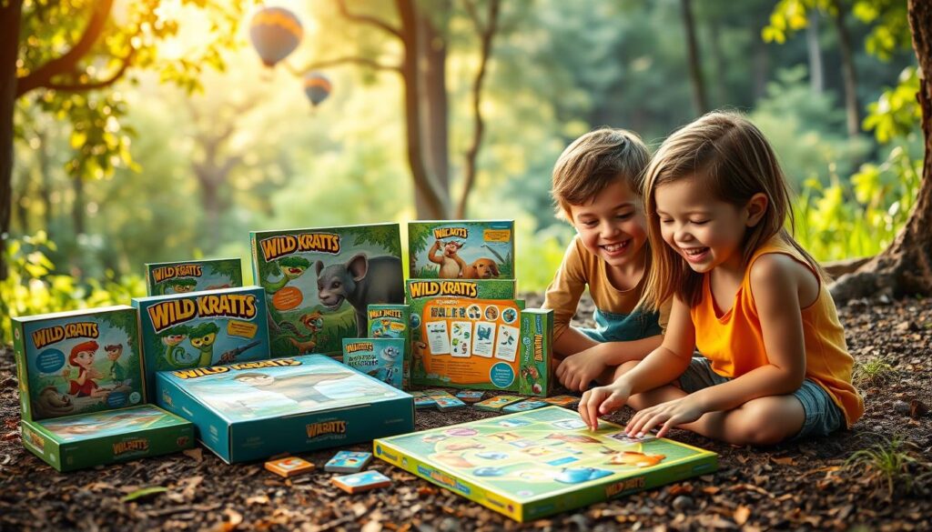 A serene outdoor scene showcasing a variety of engaging Wild Kratts-themed games. In the foreground, two children enthusiastically playing a wildlife-inspired board game, their faces alight with wonder. In the middle ground, a collection of interactive puzzles, cards, and activity kits featuring the beloved Kratt brothers and diverse animal species. The background depicts a lush, verdant forest landscape, hinting at the educational and adventurous themes of the games. Warm, natural lighting enhances the sense of immersion, inviting players to explore the wonders of the natural world. An atmosphere of exploration, discovery, and joyful learning permeates the scene.
