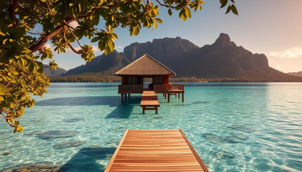 A serene overwater bungalow nestled in a crystal-clear lagoon, surrounded by lush, verdant foliage. The wooden structure sits atop stilts, its thatched roof casting soft shadows on the glassy surface below. The scene is bathed in warm, golden sunlight, creating a tranquil, romantic atmosphere. A wooden dock extends out from the bungalow, inviting guests to dip their toes in the shimmering, turquoise waters. In the distance, a backdrop of rugged, jungle-clad mountains rises up, completing the picturesque, secluded escape. The image evokes a sense of peace, privacy, and a chance to disconnect from the outside world.