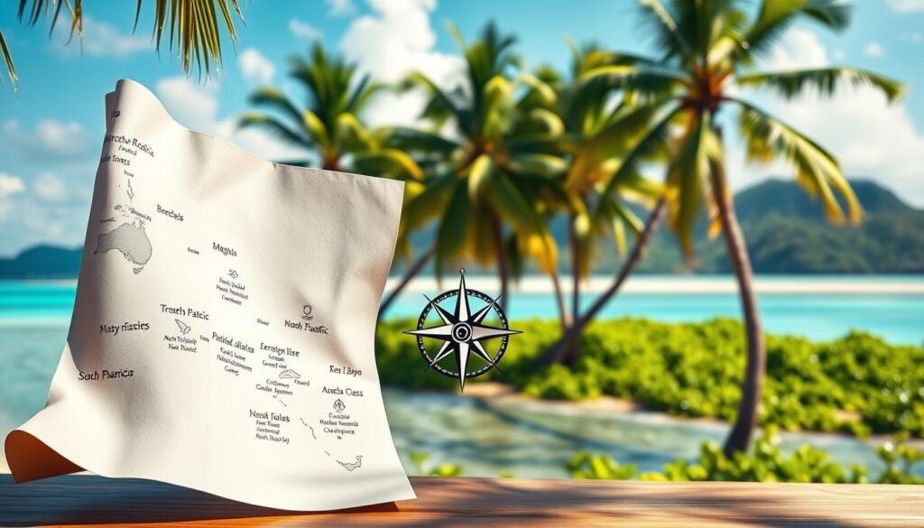 A serene, sun-drenched scene of a tropical island in the South Pacific. In the foreground, a hand-drawn map unfurls, highlighting the diverse archipelagos and their visa requirements, conveying the essential information travelers need. The middle ground features a stylized, vintage-inspired compass, symbolizing the sense of adventure and exploration. In the background, a lush, verdant landscape with swaying palm trees and azure waters creates a tranquil, inviting atmosphere. The lighting is soft and natural, evoking the warm, idyllic climate of the region. The overall tone is informative yet alluring, encouraging the viewer to embark on a visually captivating journey through the South Pacific.