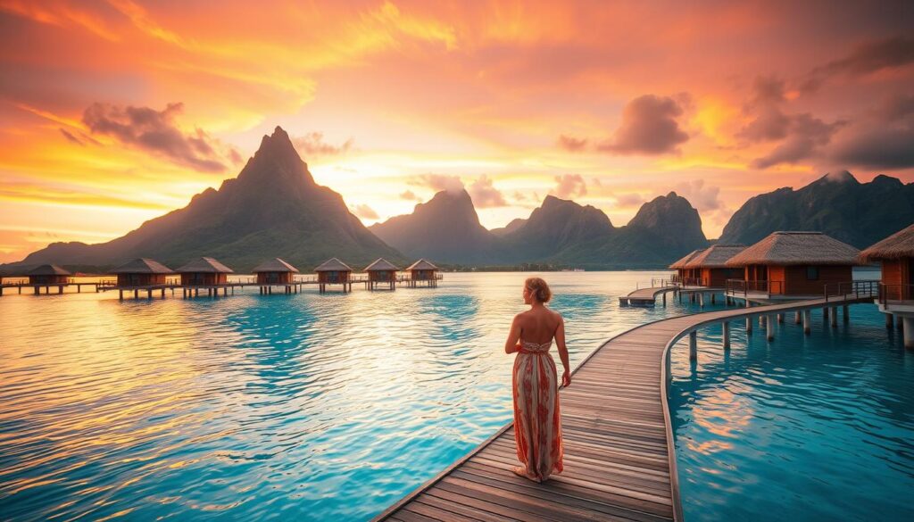 A serene, sun-drenched view of Bora Bora's iconic overwater bungalows, their thatched roofs and turquoise-blue lagoon reflections bathed in the soft, golden glow of a romantic sunset. In the foreground, a couple stands hand-in-hand on a wooden jetty, gazing out over the tranquil waters as vibrant hues of orange, pink, and purple paint the sky. Towering, lush green mountains rise up in the background, creating a breathtaking, cinematic landscape. The scene is captured through a wide-angle lens, emphasizing the scale and natural beauty of this romantic tropical paradise.