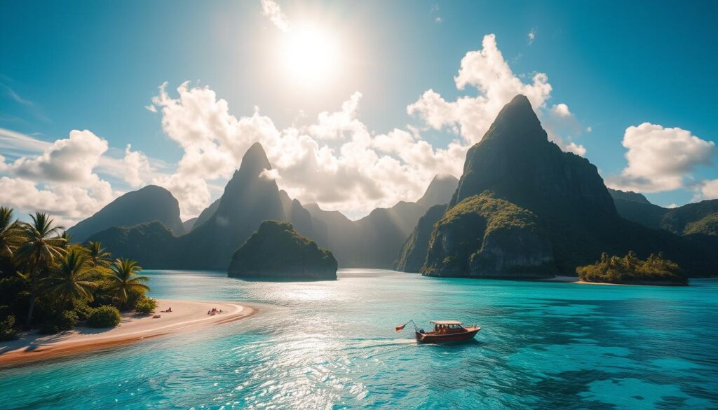 A serene tropical archipelago in the shimmering azure waters of the South Pacific, New Caledonia's island-hopping adventures unfold. White-sand beaches bordered by swaying palm trees and lush jungle canopies set the stage, as a small boat navigates between the lush, verdant isles. Dramatic, rugged cliffs rise from the turquoise lagoons, casting dramatic shadows across the tranquil waters. Warm, golden sunlight filters through wispy clouds, illuminating the vibrant coral reefs and diverse marine life teeming beneath the surface. Capture the essence of this idyllic Pacific paradise, with a cinematic wide-angle lens that conveys the sweeping scale and breathtaking natural beauty of island hopping in New Caledonia.