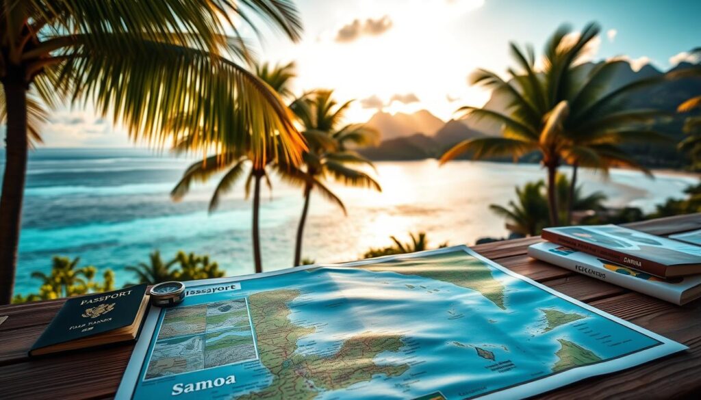A serene tropical landscape at golden hour, featuring a map of Samoa on a wooden table. In the foreground, a passport, compass, and travel guides are arranged neatly. The middle ground showcases lush palm trees swaying gently, with a breathtaking vista of crystal-clear turquoise waters and rugged volcanic peaks in the distance. Soft, warm lighting casts a dreamy, inviting atmosphere, hinting at the adventure that awaits the solo traveler planning their Samoan odyssey.